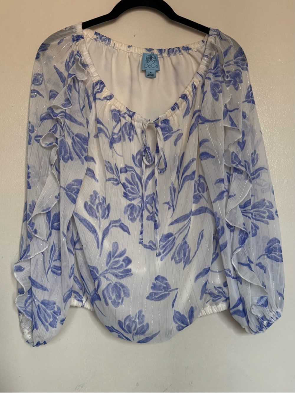 CeCe Blue and White Floral Ruffle Blouse